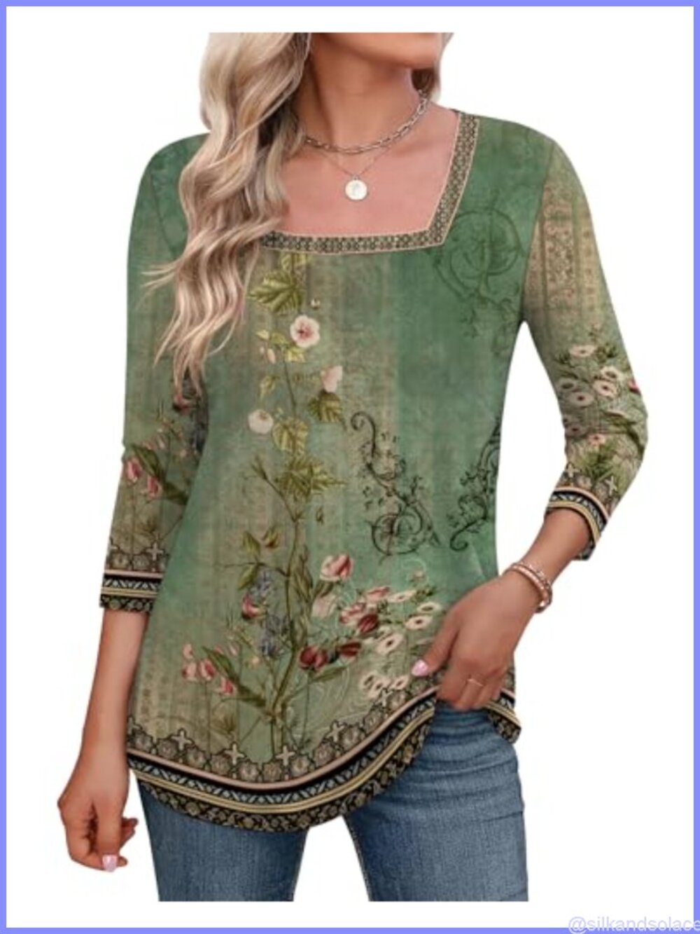 Womens 3/4 Sleeve Square Neck Summer Top Dressy Casual Blouse